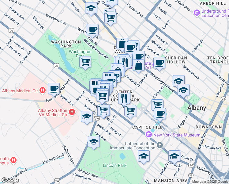 map of restaurants, bars, coffee shops, grocery stores, and more near 222 Jay Street in Albany