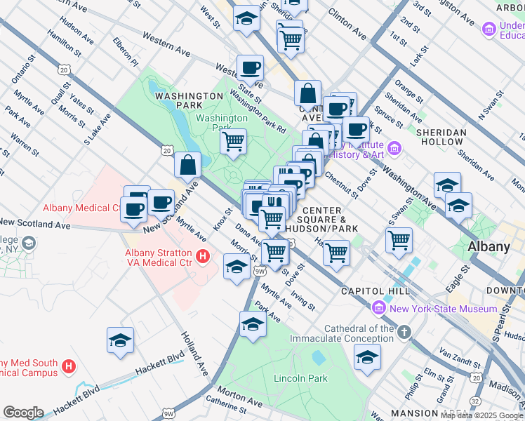 map of restaurants, bars, coffee shops, grocery stores, and more near 84 Willett Street in Albany