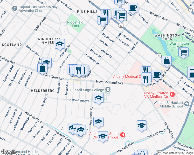 map of restaurants, bars, coffee shops, grocery stores, and more near 46 Woodlawn Avenue in Albany