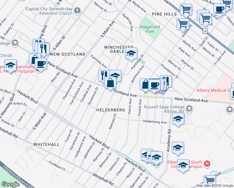 map of restaurants, bars, coffee shops, grocery stores, and more near 5 Glenwood Street in Albany