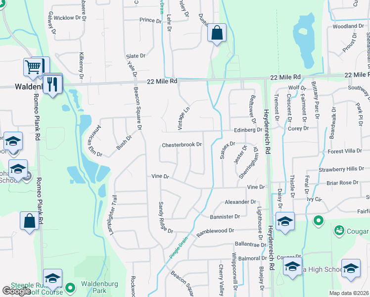 map of restaurants, bars, coffee shops, grocery stores, and more near 19911 Chesterbrook Drive in Macomb