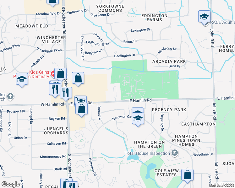 map of restaurants, bars, coffee shops, grocery stores, and more near 1927 Wayside Park in Rochester Hills