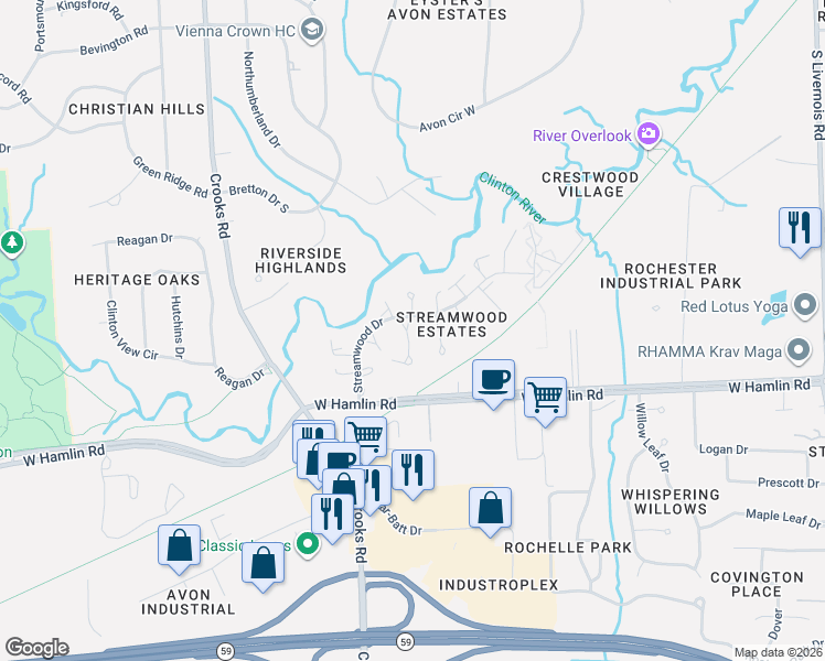 map of restaurants, bars, coffee shops, grocery stores, and more near 1837 Van Hill Court in Rochester Hills