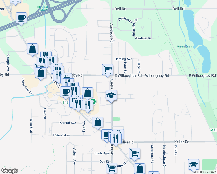 map of restaurants, bars, coffee shops, grocery stores, and more near 2470 North Aurelius Road in Delhi charter Township