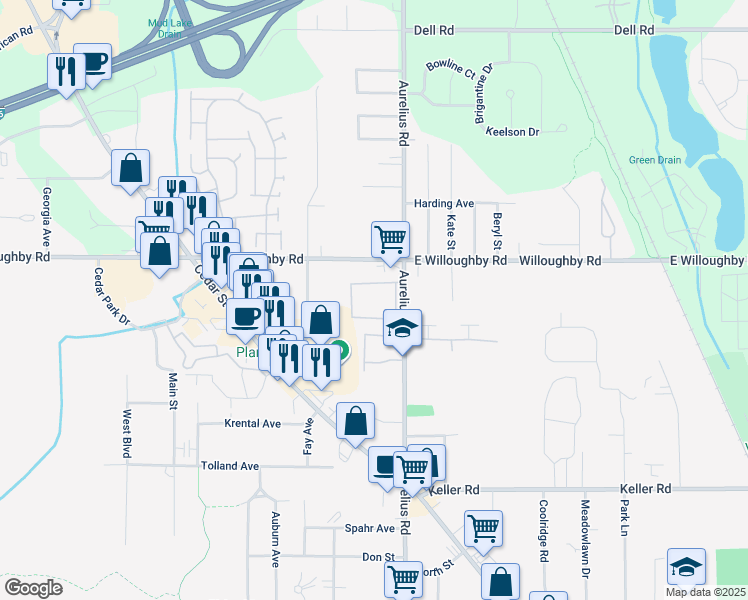 map of restaurants, bars, coffee shops, grocery stores, and more near 4525 East Willoughby Road in Delhi charter Township