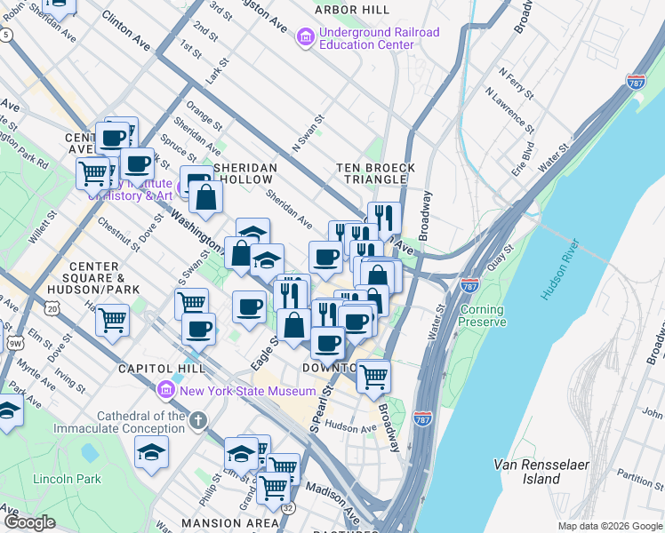 map of restaurants, bars, coffee shops, grocery stores, and more near 1 Columbia Street in Albany