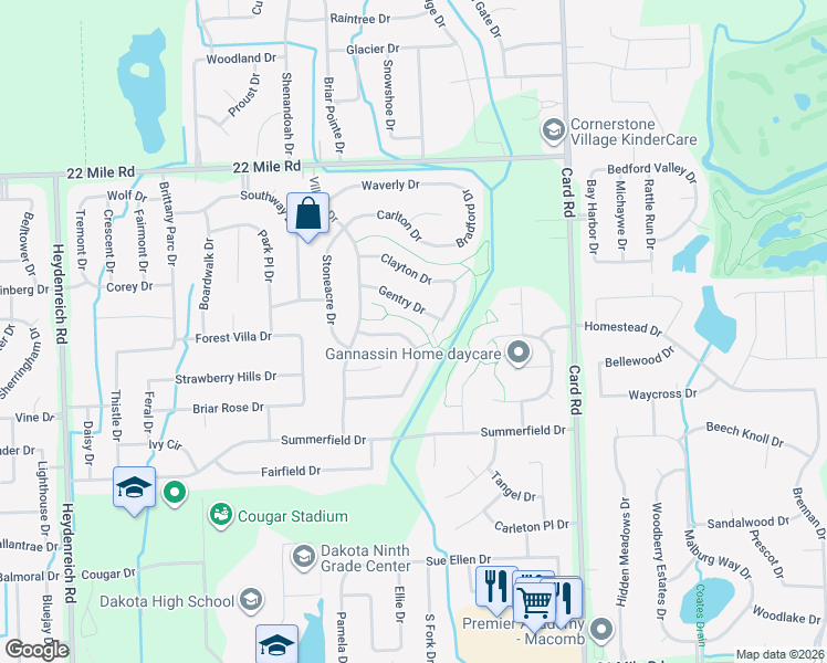 map of restaurants, bars, coffee shops, grocery stores, and more near 21378 Gentry Drive in Macomb