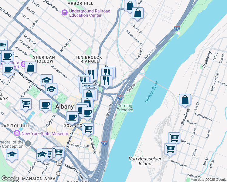 map of restaurants, bars, coffee shops, grocery stores, and more near 25 Orange Street in Albany