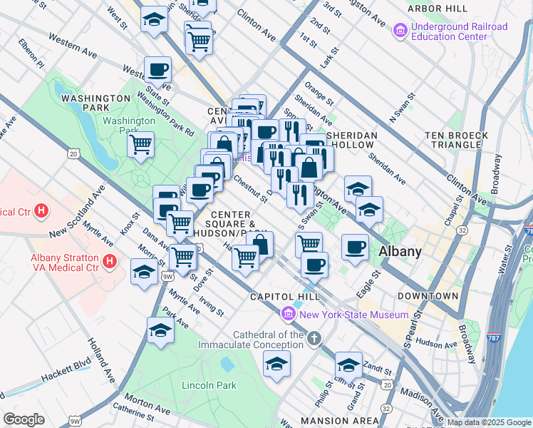map of restaurants, bars, coffee shops, grocery stores, and more near 151 Lancaster Street in Albany