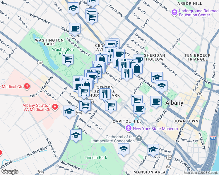 map of restaurants, bars, coffee shops, grocery stores, and more near 175 Jay Street in Albany