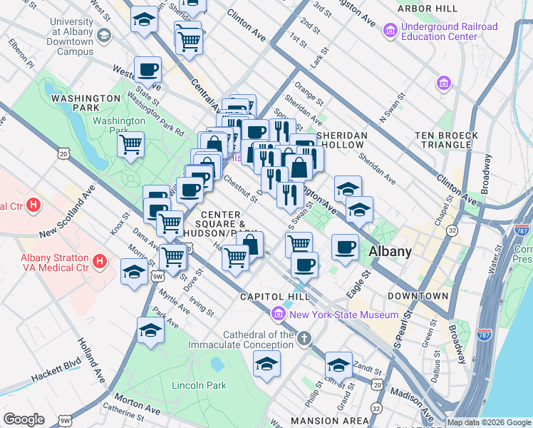 map of restaurants, bars, coffee shops, grocery stores, and more near 94 Chestnut Street in Albany