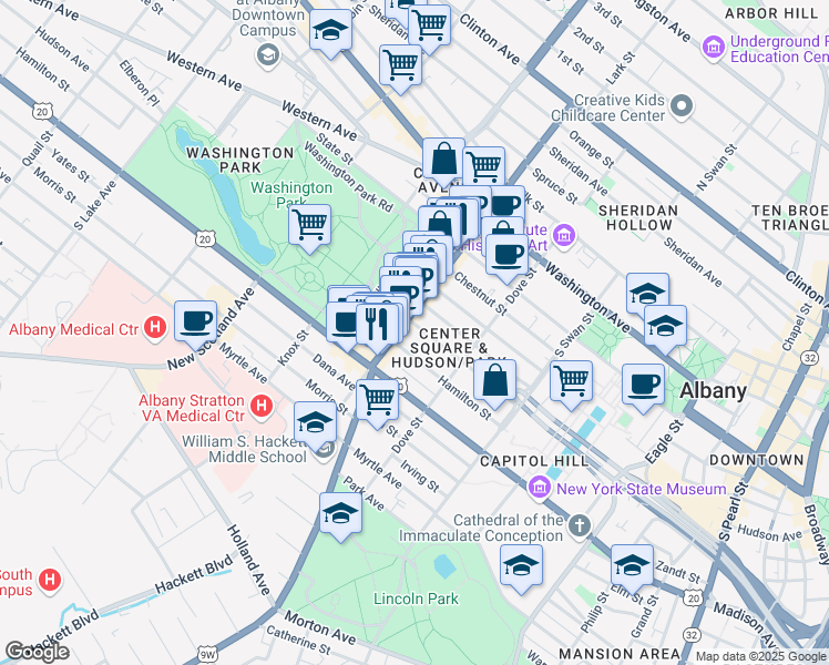 map of restaurants, bars, coffee shops, grocery stores, and more near 346 Hudson Avenue in Albany