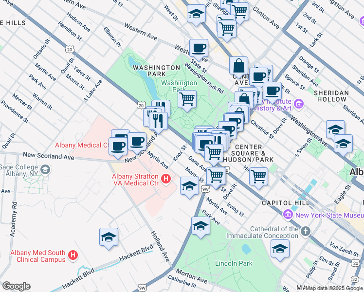 map of restaurants, bars, coffee shops, grocery stores, and more near 131 Knox Street in Albany