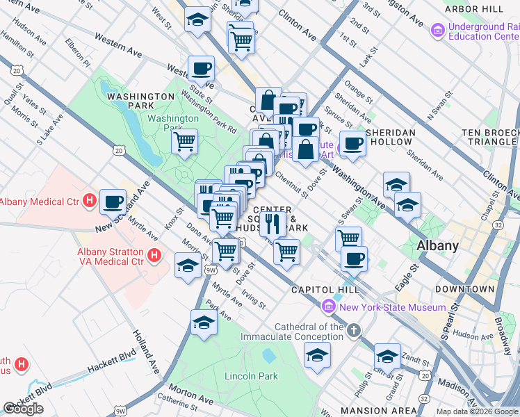 map of restaurants, bars, coffee shops, grocery stores, and more near 222 Jay Street in Albany