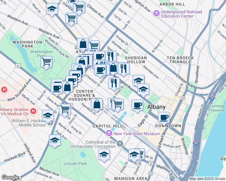 map of restaurants, bars, coffee shops, grocery stores, and more near 252 State Street in Albany