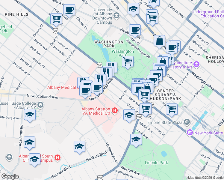map of restaurants, bars, coffee shops, grocery stores, and more near 135 Morris Street in Albany