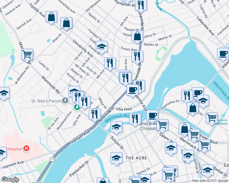 map of restaurants, bars, coffee shops, grocery stores, and more near 20 Gershom Avenue in Lowell