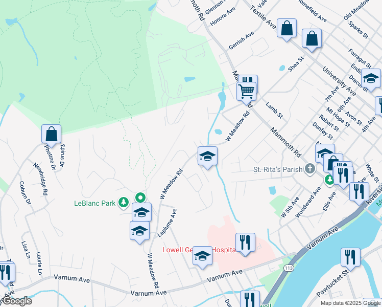 map of restaurants, bars, coffee shops, grocery stores, and more near 167 West Meadow Road in Lowell