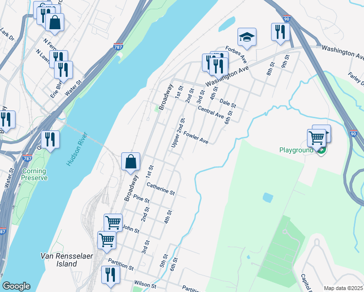 map of restaurants, bars, coffee shops, grocery stores, and more near 1497 3rd Street in Rensselaer