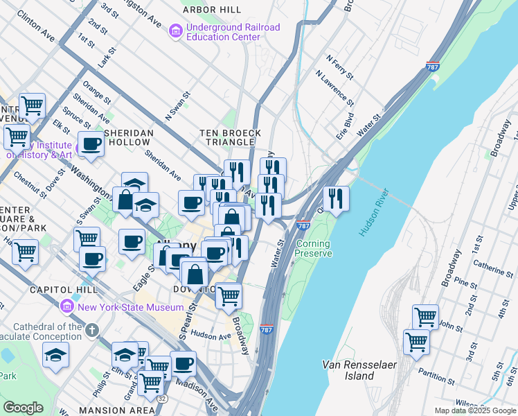 map of restaurants, bars, coffee shops, grocery stores, and more near 21 Quackenbush Square in Albany