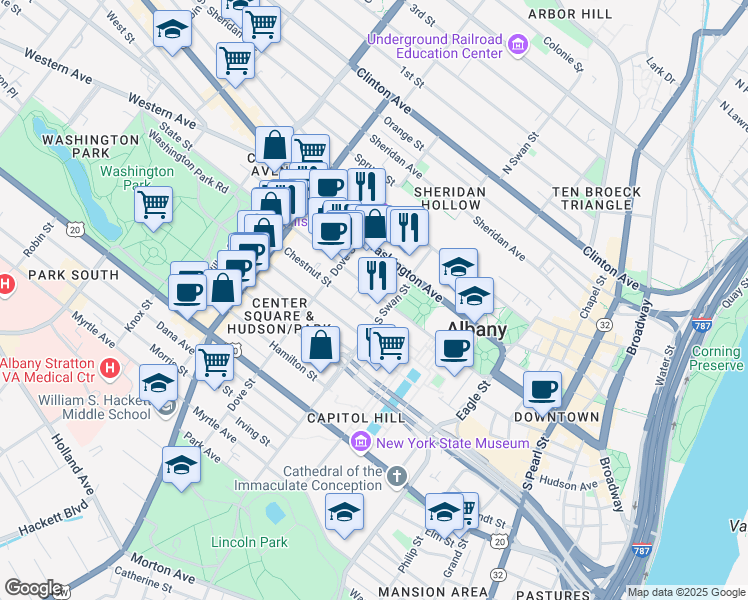 map of restaurants, bars, coffee shops, grocery stores, and more near 259 State Street in Albany