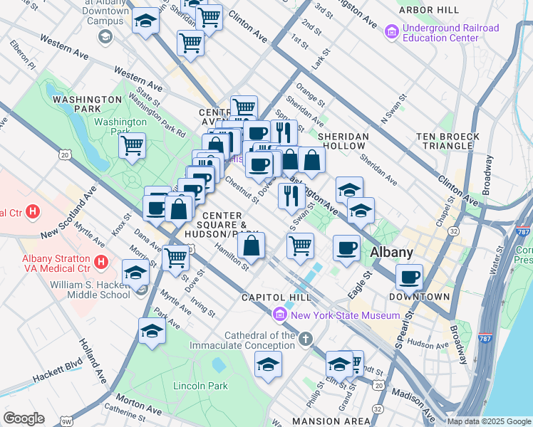 map of restaurants, bars, coffee shops, grocery stores, and more near in Albany