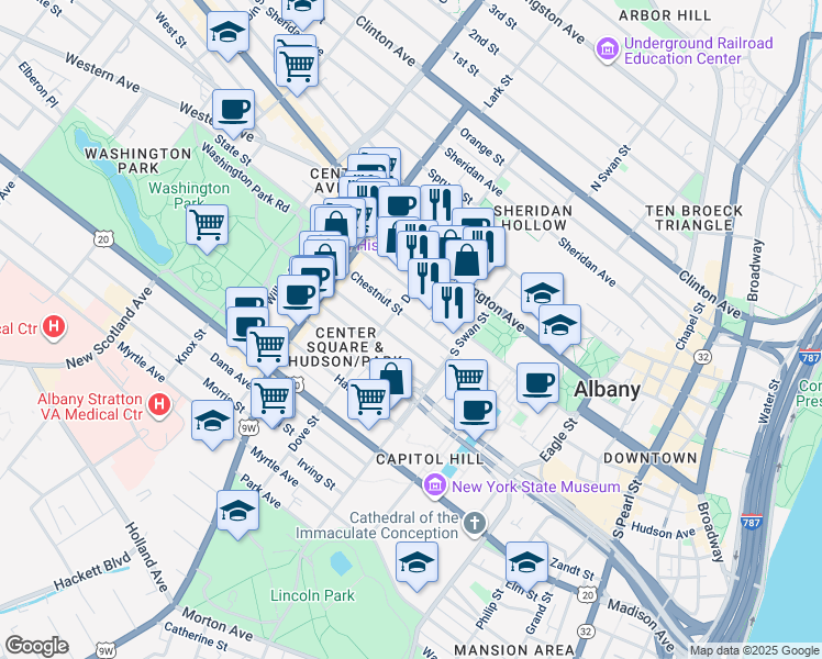 map of restaurants, bars, coffee shops, grocery stores, and more near in Albany