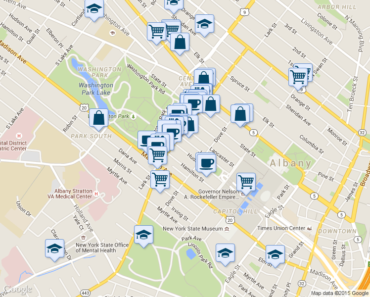 map of restaurants, bars, coffee shops, grocery stores, and more near 222 Jay Street in Albany