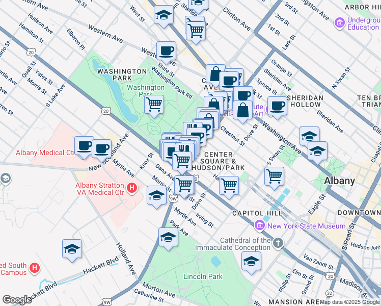 map of restaurants, bars, coffee shops, grocery stores, and more near in Albany