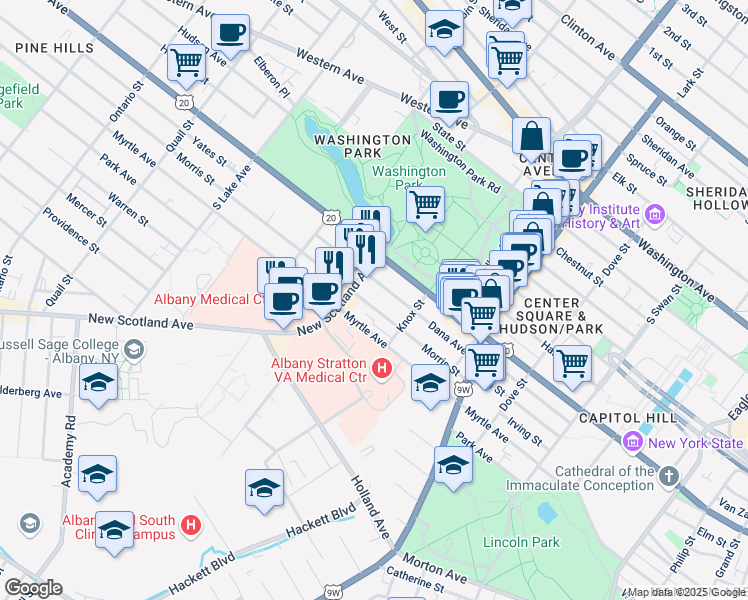 map of restaurants, bars, coffee shops, grocery stores, and more near 135 Morris Street in Albany