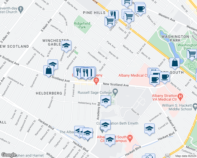 map of restaurants, bars, coffee shops, grocery stores, and more near 46 Woodlawn Avenue in Albany