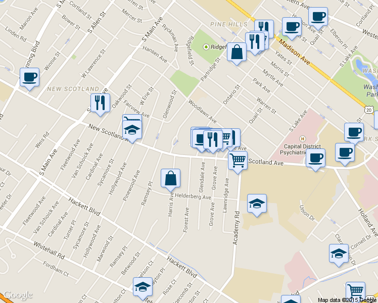 map of restaurants, bars, coffee shops, grocery stores, and more near in Albany