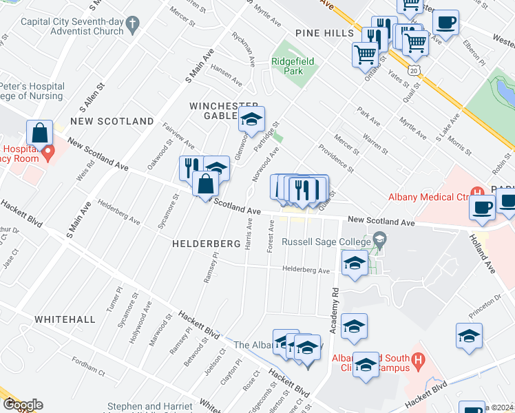 map of restaurants, bars, coffee shops, grocery stores, and more near in Albany