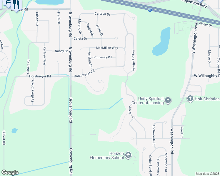 map of restaurants, bars, coffee shops, grocery stores, and more near 2400 Houghton Hollow Drive in Lansing