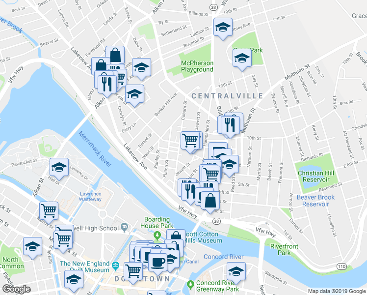 map of restaurants, bars, coffee shops, grocery stores, and more near 98 West 6th Street in Lowell