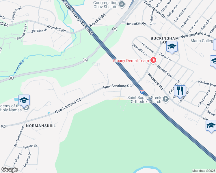 map of restaurants, bars, coffee shops, grocery stores, and more near New Scotland Rd & Colatosti Pl in Albany