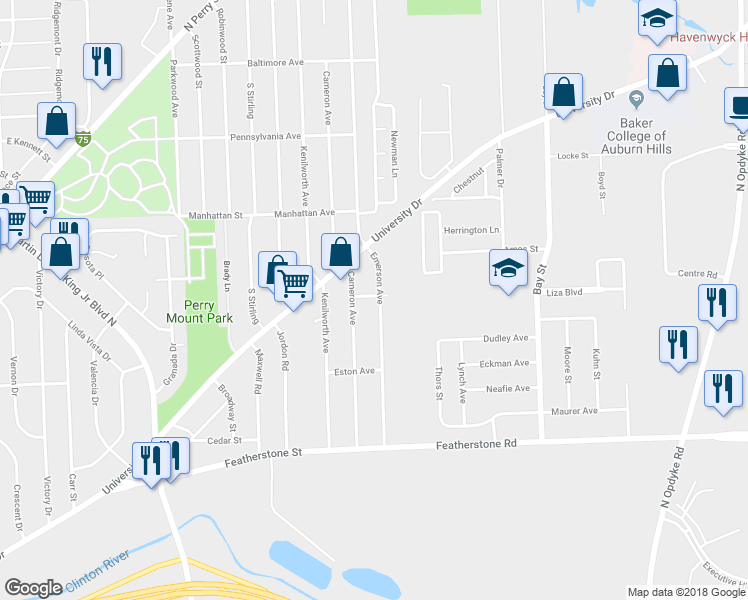 map of restaurants, bars, coffee shops, grocery stores, and more near 529 Emerson Avenue in Pontiac