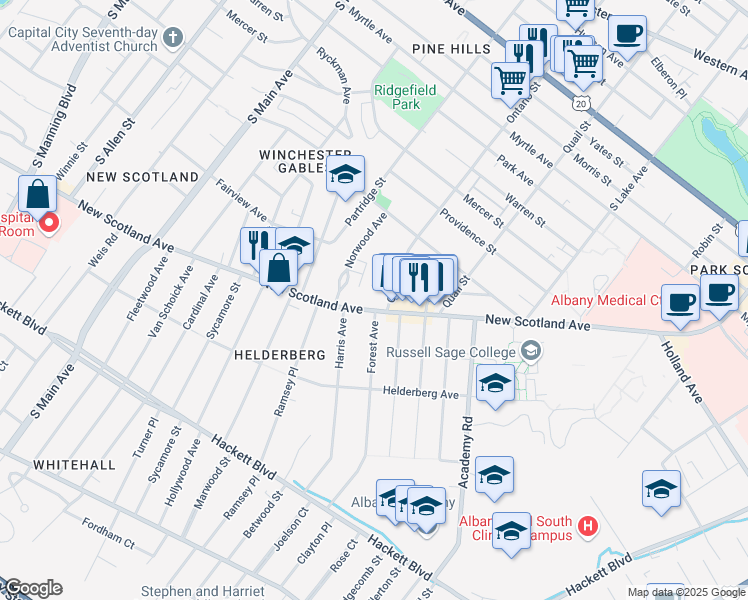 map of restaurants, bars, coffee shops, grocery stores, and more near 317 New Scotland Avenue in Albany