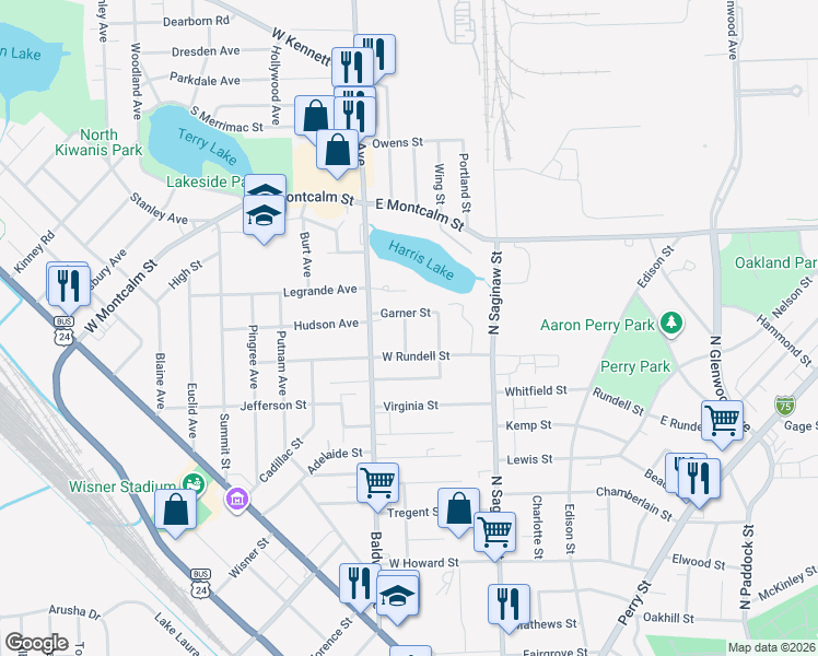 map of restaurants, bars, coffee shops, grocery stores, and more near 35 Garner Street in Pontiac