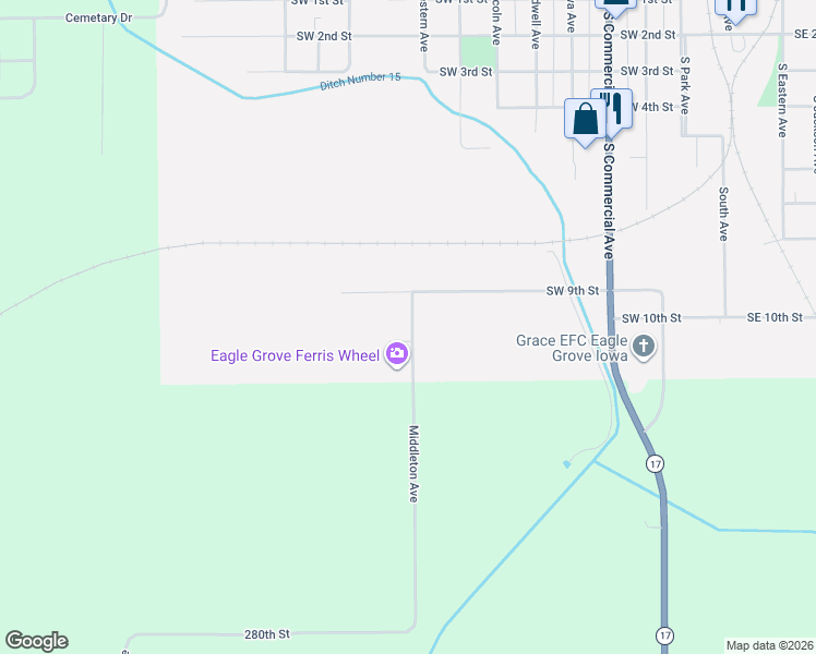 map of restaurants, bars, coffee shops, grocery stores, and more near 1201 Middleton Avenue in Eagle Grove
