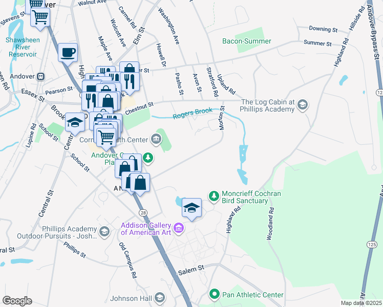 map of restaurants, bars, coffee shops, grocery stores, and more near 52 Morton Street in Andover