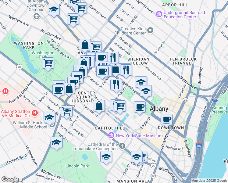 map of restaurants, bars, coffee shops, grocery stores, and more near 256 State Street in Albany