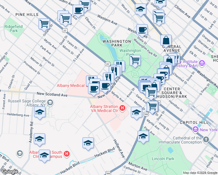 map of restaurants, bars, coffee shops, grocery stores, and more near 391 Myrtle Avenue in Albany