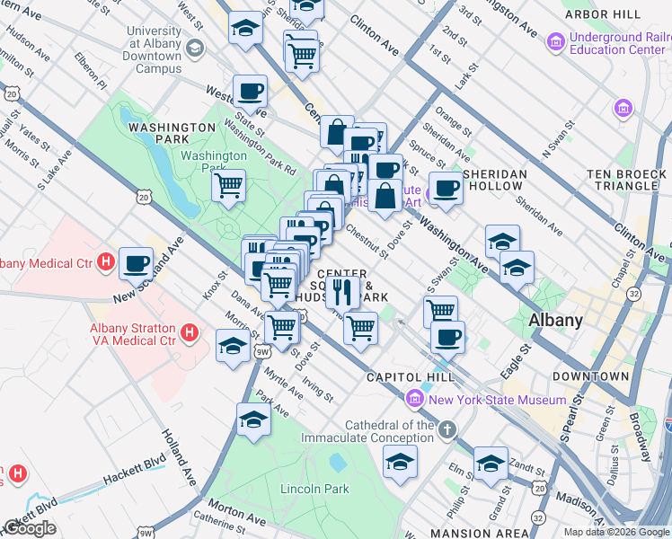 map of restaurants, bars, coffee shops, grocery stores, and more near 222 Jay Street in Albany