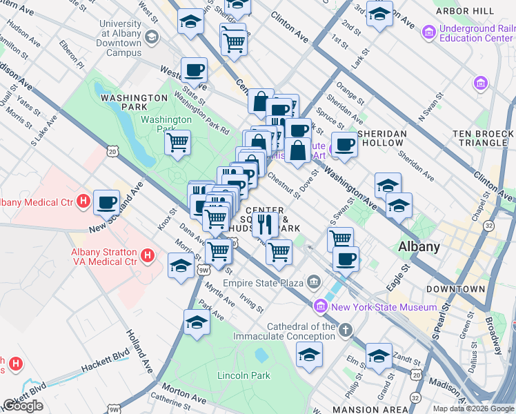 map of restaurants, bars, coffee shops, grocery stores, and more near 220 Jay Street in Albany
