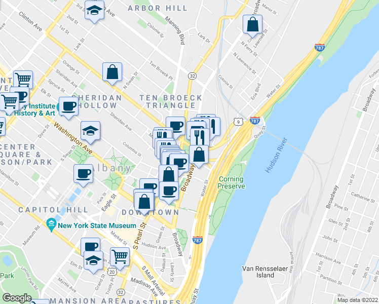 map of restaurants, bars, coffee shops, grocery stores, and more near 119 North Pearl Street in Albany