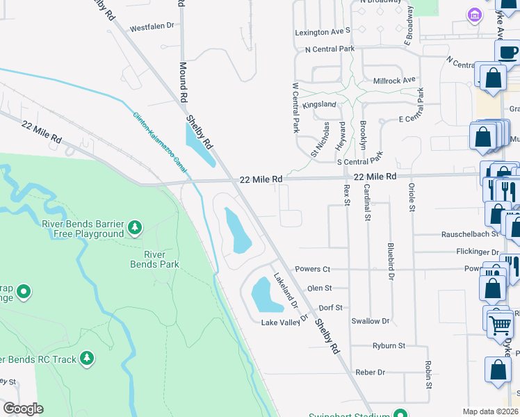map of restaurants, bars, coffee shops, grocery stores, and more near 6300 22 Mile Road in Shelby Charter Township