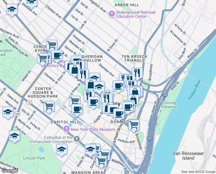 map of restaurants, bars, coffee shops, grocery stores, and more near 23 Elk Street in Albany