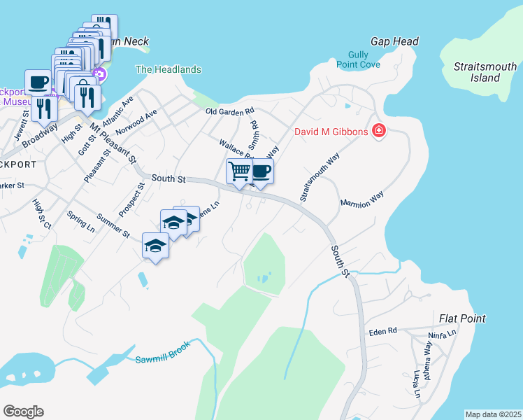 map of restaurants, bars, coffee shops, grocery stores, and more near 1B Oak Circle in Rockport