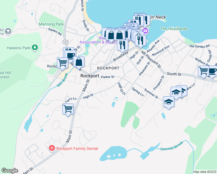 map of restaurants, bars, coffee shops, grocery stores, and more near 56 High Street in Rockport